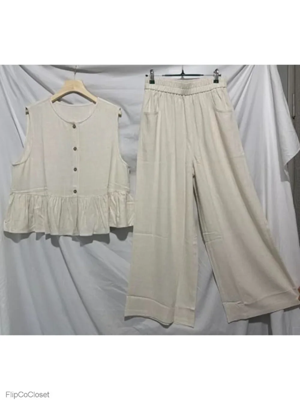 2 Piece Linen Set Sleeveless Ruffle Peplum Top Wide Leg Pants Summer Vacation